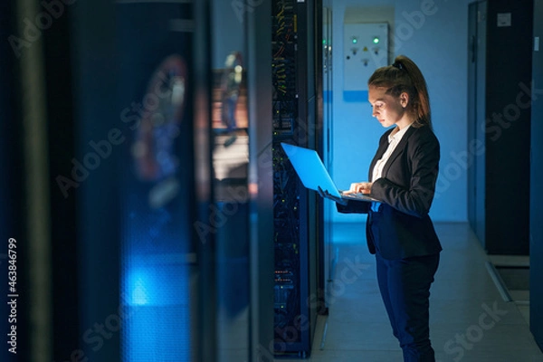 Fototapeta Female engineer working in server room at modern data center
