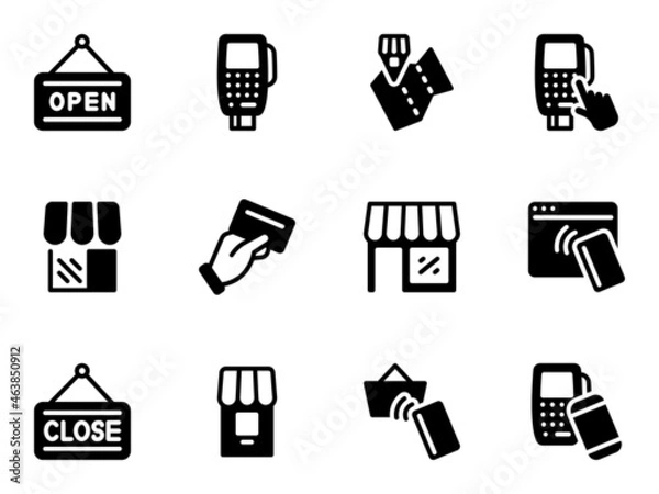 Fototapeta Set of black vector icons, isolated against white background. Flat illustration on a theme buying and selling by card
