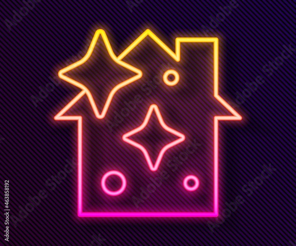 Fototapeta Glowing neon line Home cleaning service concept icon isolated on black background. Building and house. Vector