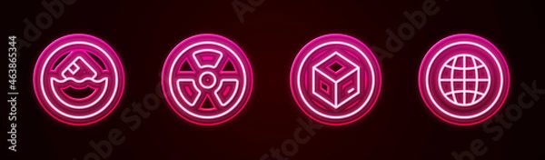 Fototapeta Set line Carton cardboard box, Radioactive, and Social network. Glowing neon icon. Vector