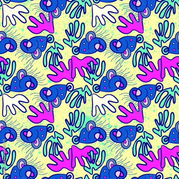 Fototapeta Unique abstract seamless pattern with cartoon psychedelic elements