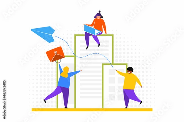 Obraz Tiny employees working online. Communication, internet, freedom flat vector illustration. Freelance and network concept for banner, website design or landing web page.