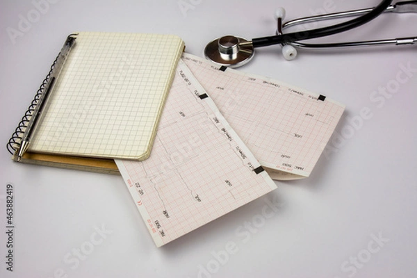 Fototapeta Stethoscope, notepad and electrocardiogram sheets. Cardiologist doctor's desk. Medicine and health concept