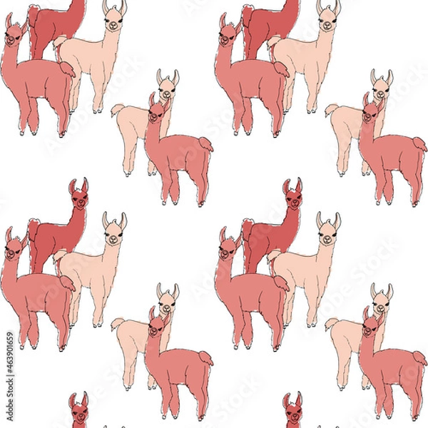 Fototapeta Seamless pattern with cute pink llamas, alpacas. Vector illustration in sketch style, hand drawing
