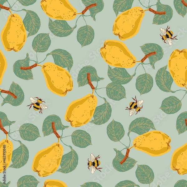 Obraz seamless pattern with botanical illustration with yellow pears and bees on a gray-blue background