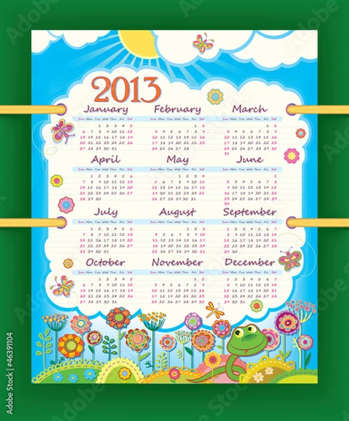Fototapeta Calendar for 2013. The week starts with Sunday. Sunny day