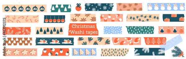Obraz Christmas Washi tapes. Vector set with snowflakes, gingerbread, spruce, winter elements. Masking tape or  adhesive strips for frames, scrapbooking, borders, web graphics, crafts, stickers.