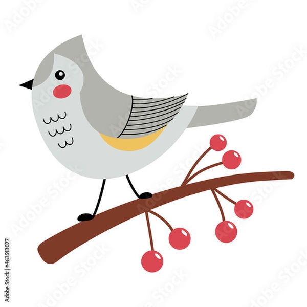 Fototapeta A tit with a tuft on a branch with berries. Vector illustration of a gray bird in a trendy flat style. Perfect for a print, postcard or label