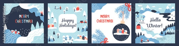 Obraz Set of 4 winter cards. Merry Christmas! Vector border, frame. Spruce branches, snow, lines, snowdrifts, cozy houses, winter landscape, forest. Perfect for a postcard or poster