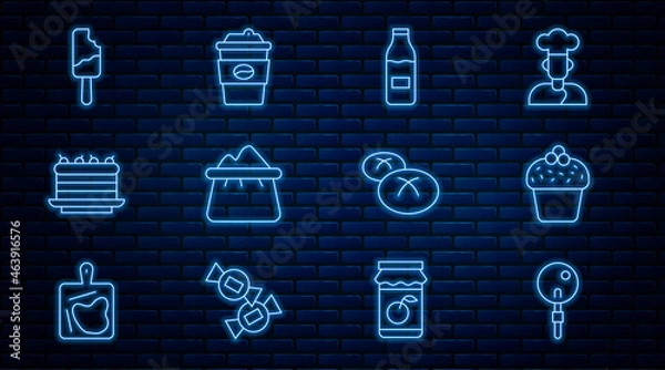 Fototapeta Set line Lollipop, Cake, Bottle with milk, Bag of flour, Ice cream, Bread loaf and Coffee cup to go icon. Vector