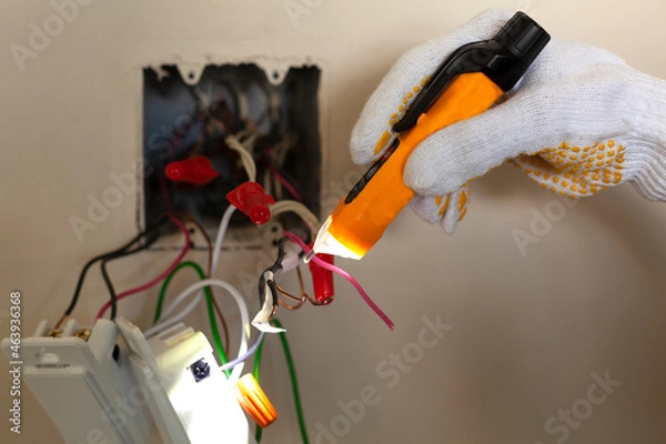 Fototapeta An electrician is replacing a wall switch. A DIY project concept. High voltage danger. A touchless voltage tester and protective rubber gloves are used. The tester has torch light for illumination