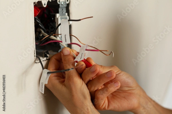 Fototapeta An electrician is replacing a wall switch. A DIY project concept. High voltage danger. She is working with bare hand. Sticker labels are used to correctly connect the wiring.