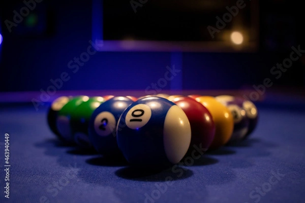 Obraz billiard balls arranged on the blue table for the start of the game, approximate photo