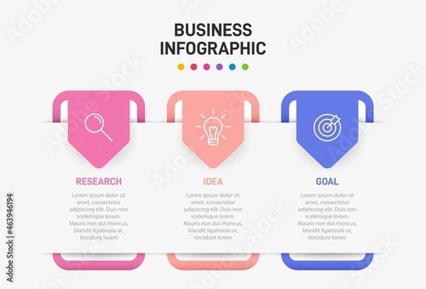 Fototapeta Concept of arrow business model with 3 successive steps. Three colorful graphic elements. Timeline design for brochure, presentation. Infographic design layout.
