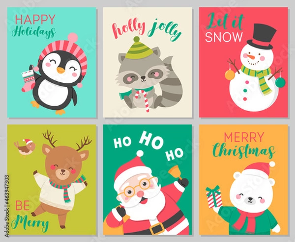 Fototapeta Set of cute cartoon character illustration for Christmas card design.