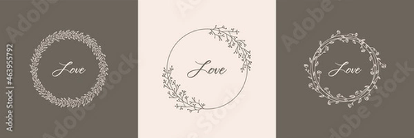 Fototapeta A set of minimalistic logos in a circle photo. Picking up a company in the center. Linear style. Delicate, sophisticated wreaths of plants, flowers, branches and leaves. Logo for womens business