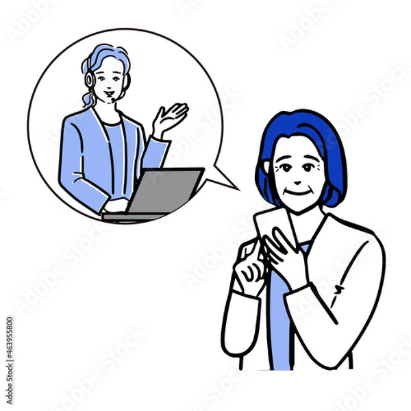 Fototapeta スマートフォンを持つ笑顔の高齢女性と吹き出しの中の女性オペレーターのシンプルな白バックの線画