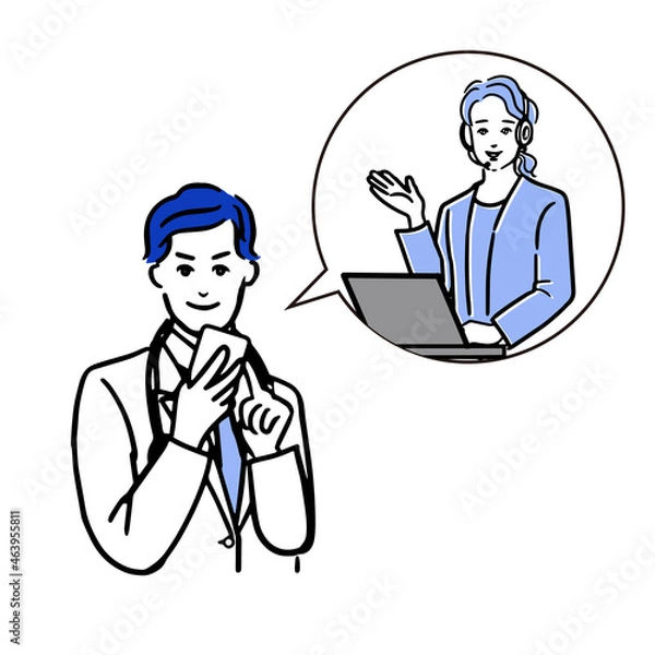 Fototapeta スマホを持つアジア人の医者男性と吹き出しの中のオペレターの上半身のシンプルな白バックの線画