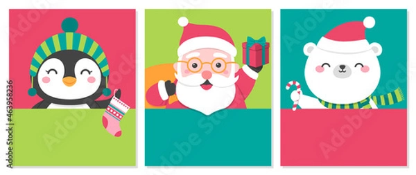 Fototapeta Set of cute cartoon illustration with copy space for christmas and new year card template.