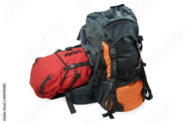 Obraz Two used tourist backpacks isolated on white