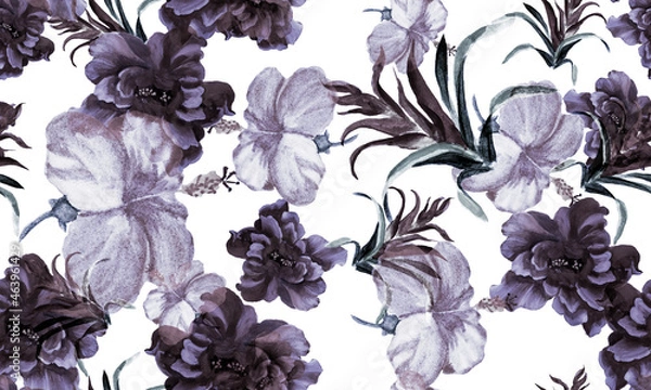 Fototapeta Blue Hibiscus Leaf. Gray Flower Plant. Indigo Seamless Texture. Azure Watercolor Textile. Pattern Print. Tropical Leaf. Exotic Print. Art Painting.