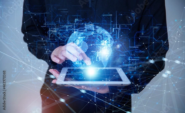 Fototapeta 電波イメージ背景のサイバー空間に浮かぶ地球のグラフィックス