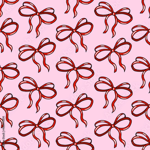 Obraz Cute doodle seamless pattern with beautiful hand-drawn red bows.