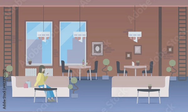 Fototapeta Cafe interior with red brick wall with sofas and chairs and with a sitting girl vector illustration