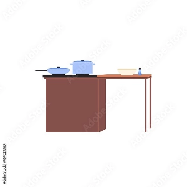 Fototapeta Vector flat cartoon pan,skillet and bowl on cooking table isolated on empty background-modern home furniture,kitchen interior elements concept,web site banner ad design