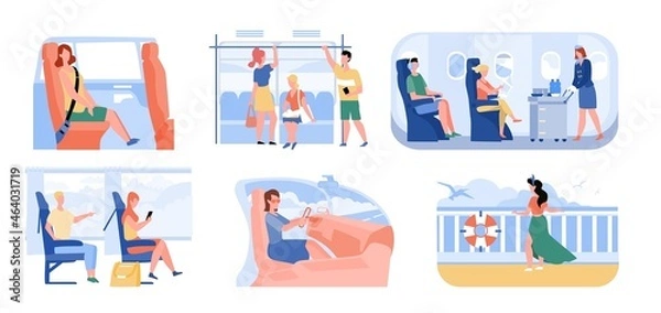 Fototapeta Passenger inside, train, bus, subway, plane, car or cruise ship set. People using public city and touristic transport flat vector illustration