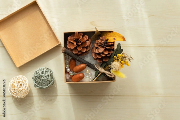 Obraz 箱に入った松ぼっくりやドライフラワーやどんぐり