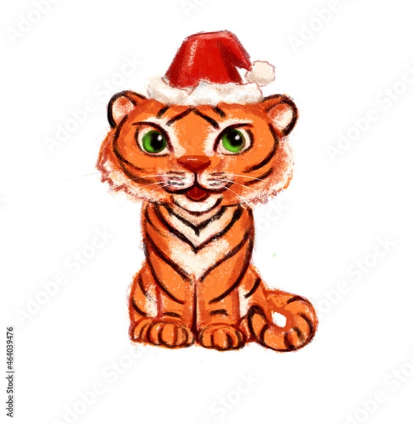 Obraz Cute tiger in a Christmas hat