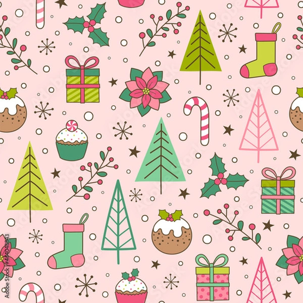 Obraz Hand drawn christmas elements seamless pattern with pink background.