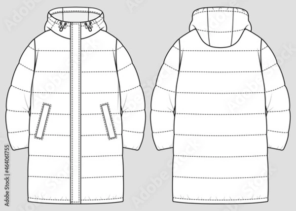 Fototapeta Long quilted down jacket. Padded warm jacket. Vector technical sketch. Mockup template.