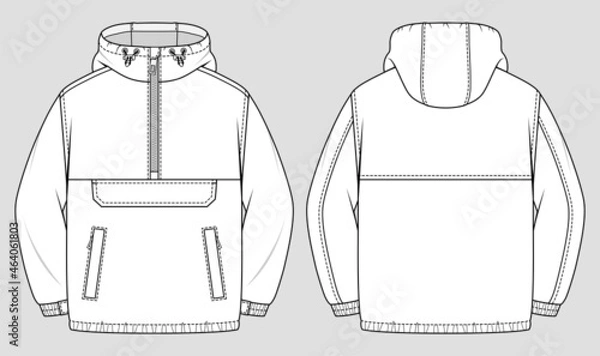 Fototapeta Anorak jacket. Unisex oversized coat with hood and front pocket. Vector technical sketch. Mockup template.