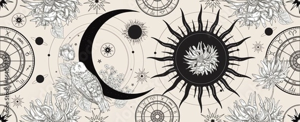 Obraz Horizontal background for astrology, esotericism, fortune telling. Black banner with the face of the sun and the face of the moon.