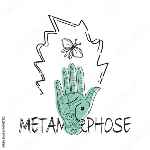 Fototapeta Tarot and butterfly illustration. Oracle, fortunate, occultism. Clothing and apparel. Metamorphose, nature tee design. Graphic tee, T-shirt design. 