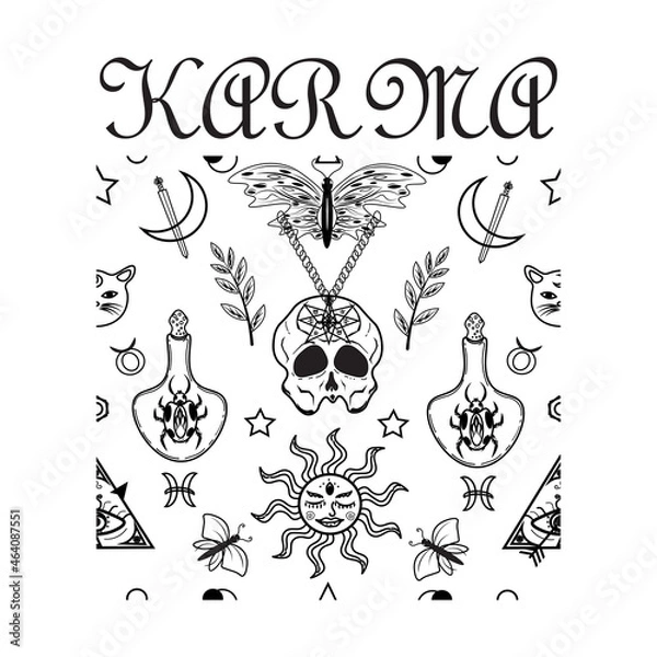 Fototapeta Karma. Illustration for unique clothing and apparel. T-shirt design, print and paper. Skull, butterfly, moon and sword symbol. Occultism. Gothic t-shirt. 