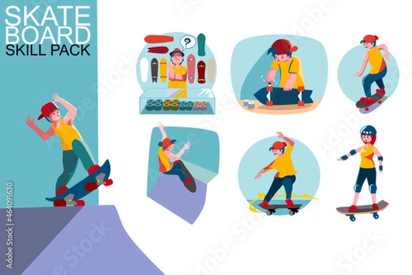 Obraz collection of skakeboarding activity. set of boy and girl are practice on skateboard skill.