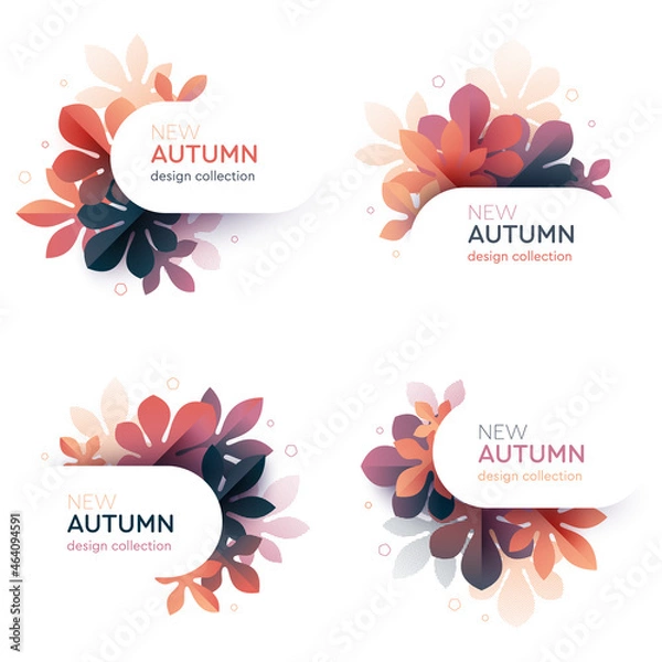 Fototapeta Autumnal themed badges set. Compositions of colorful fall leaves and branches. Design template for seasonal offer, sale poster, banner, promotion announcement. Geometric flat style vector illustration