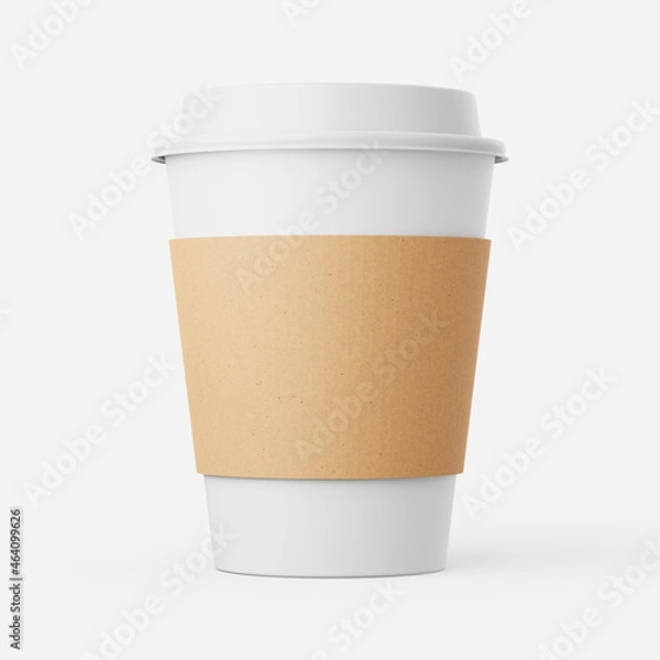 Fototapeta Disposable coffee cup with sleeve and lid on a plain background. 3d render.