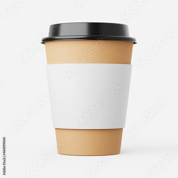 Fototapeta Disposable coffee cup with sleeve and lid on a plain background. 3d render.