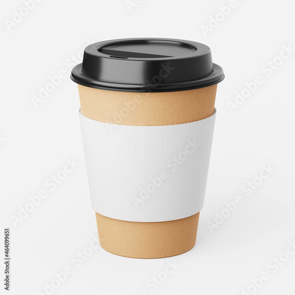Fototapeta Disposable coffee cup with sleeve and lid on a plain background. 3d render.
