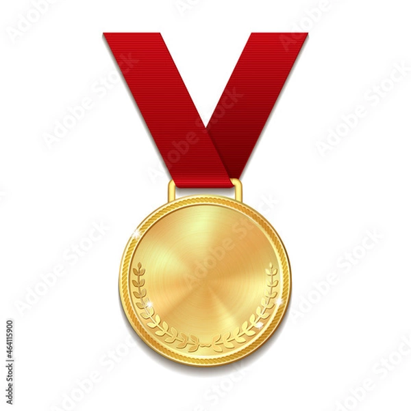 Fototapeta Vector gold medal on red ribbon with laurel wreath.