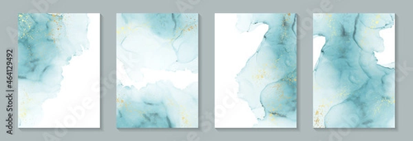 Fototapeta Modern watercolor background or elegant card design for birthday invite or wedding or menu with abstract blue ink waves and golden splashes on a white.