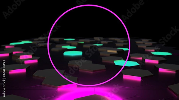 Fototapeta 3D futuristic abstract mosaic background, neon hexagons, neon pink circle in the center, illustration