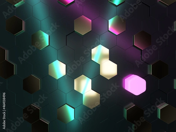 Fototapeta 3D futuristic abstract mosaic background, neon lights, illustration