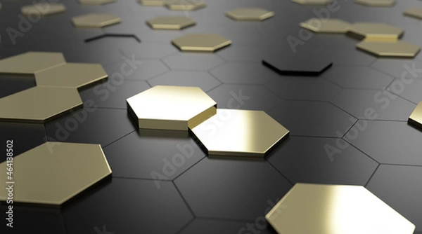 Fototapeta 3D futuristic abstract mosaic background, golden and black hexagons, illustration