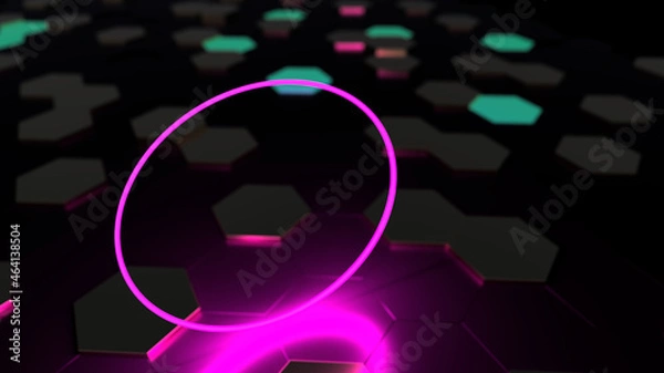 Fototapeta 3D futuristic abstract mosaic background, hexagons, neon pink circle in the center, illustration