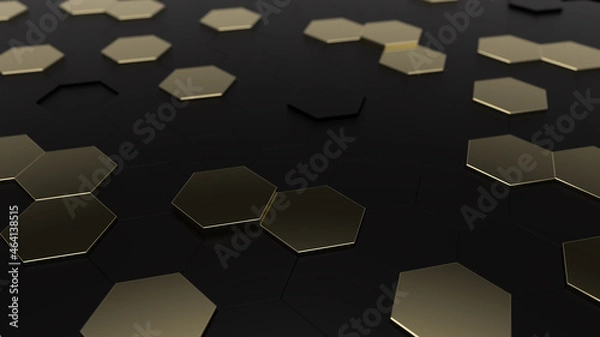 Fototapeta 3D futuristic honeycomb mosaic background, golden and black hexagons, illustration